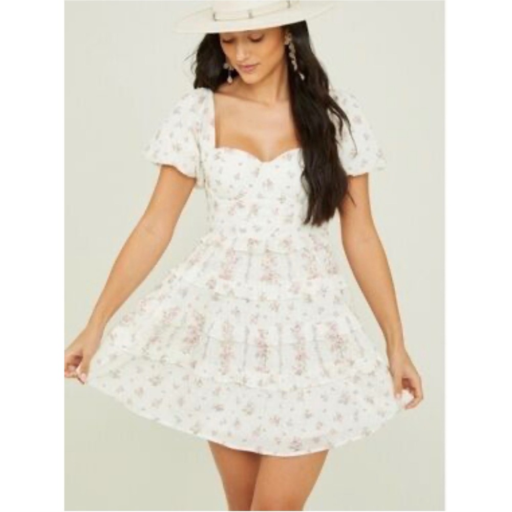 H15 Altar'd State Floral Swiss Dot Tiered Mini Dress Ivory Multi ASWD-241-132 XS